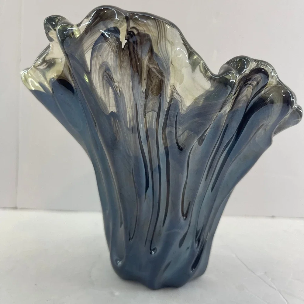 VTG Murano Style‎ Handkerchief Art Glass Vase Brown Swirl Ruffle Hand Blown